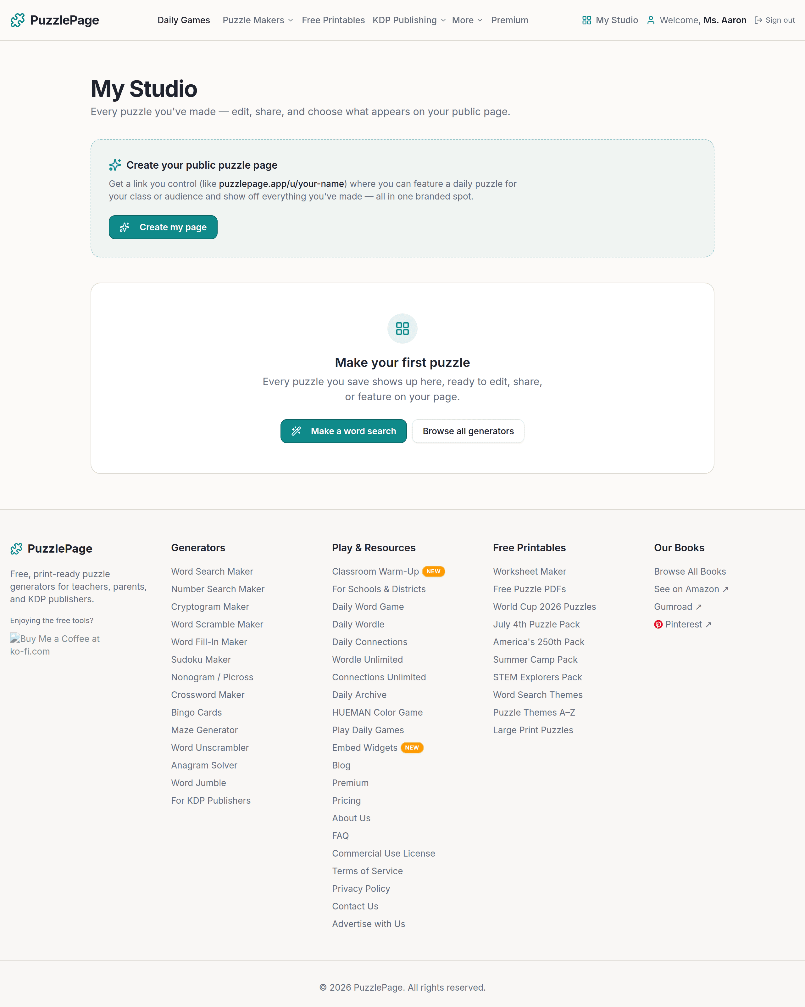 My Studio dashboard showing saved puzzle tools