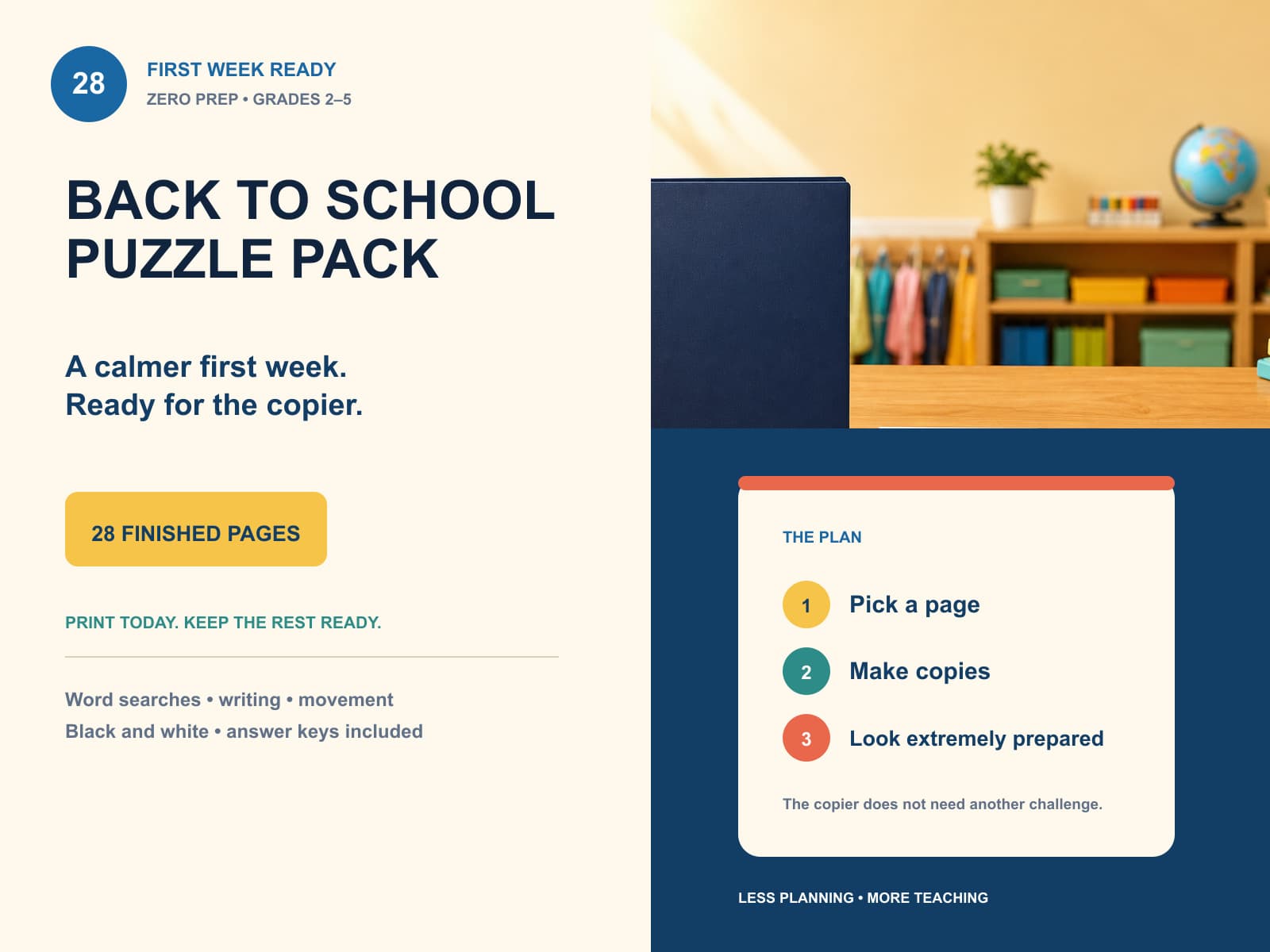 Back-to-School Puzzle Pack editorial hero with a classroom scene and a simple three-step teacher plan.